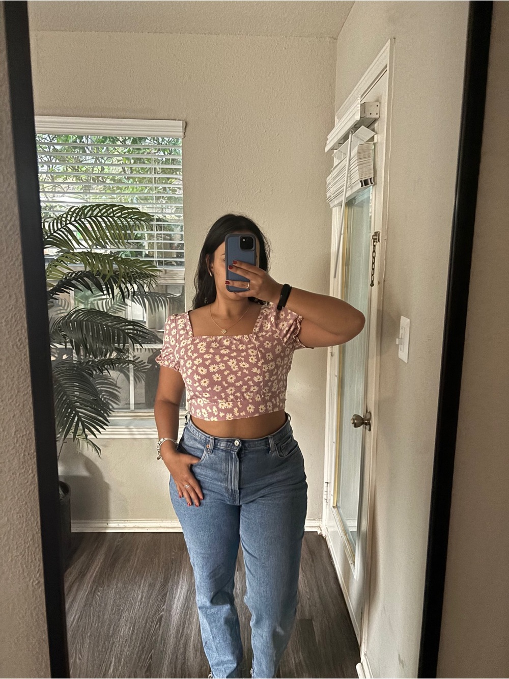 SHEIN Lavender Daisy Square-Neck Puff Sleeve Crop Top